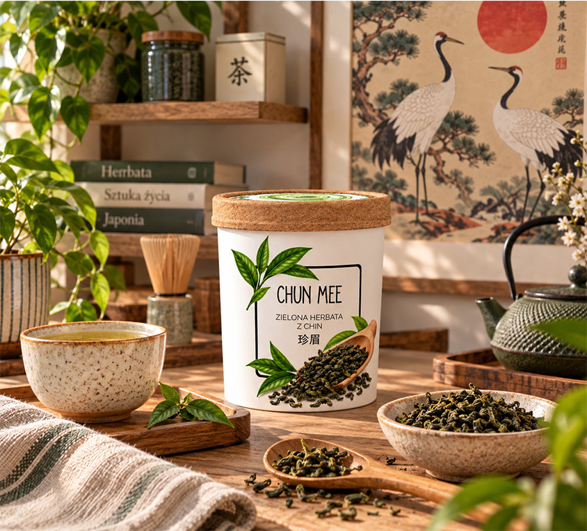 Chun Mee Leo Tea – chińska zielona herbata liściasta w kubku tekturowym